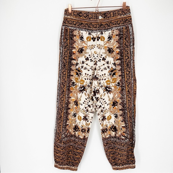 By Anthropologie Printed Joggers Linen Blend Brown Motif Boho Floral Size 6 - Picture 2 of 6